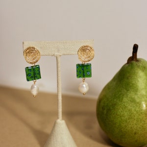 Green Beaded Dangle Earrings / Millefiori and Freshwater Pearls / Cute Charm Earring Dangles / Gifts for her image 1