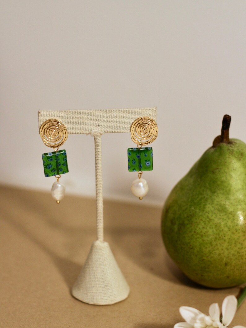 Green Beaded Dangle Earrings / Millefiori and Freshwater Pearls / Cute Charm Earring Dangles / Gifts for her image 1