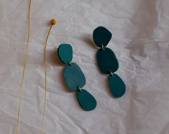 Teal Organic Shape Clay Statement Earrings / Blue Green / Abstract Art Form / Lightweight Dangle