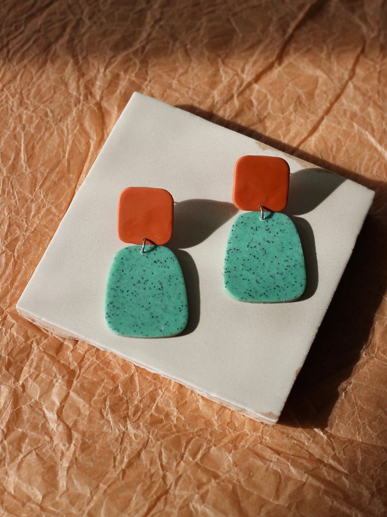 Turquoise Statement Earrings / Colorful Handmade Polymer Clay Jewelry / Fall Autumn Earrings image 1