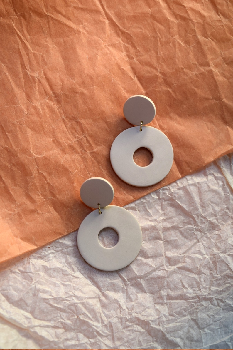 Beige Tan Stone Simple Statement Earrings Minimalist and Modern Jewelry Polymer Clay Earrings Drop Circle Earrings
