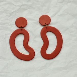 Organic Shape Large Statement Earrings / Abstract Earrings / Polymer Clay / Terracotta Red Brown image 3