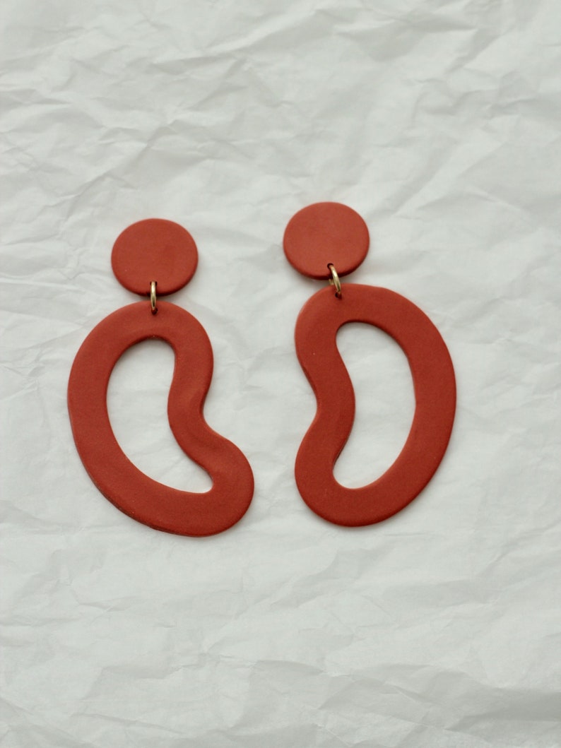 Organic Shape Large Statement Earrings / Abstract Earrings / Polymer Clay / Terracotta Red Brown image 3