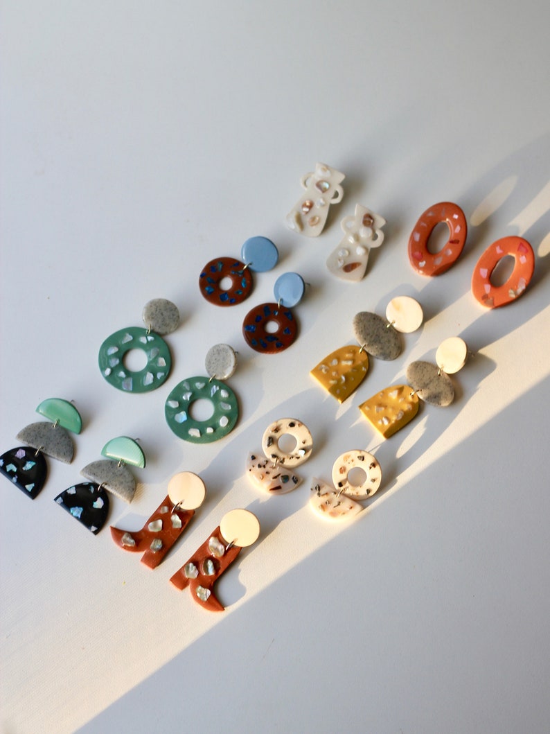 Geometric Statement Clay Earrings / Terrazzo Neutral / Round Dangle Earrings / Bridesmaid Gift image 3
