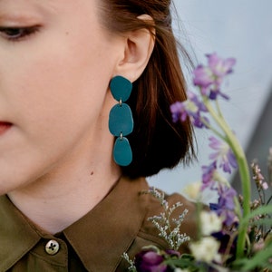 Teal Organic Shape Clay Statement Earrings / Blue Green / Abstract Art Form / Lightweight Dangle image 3