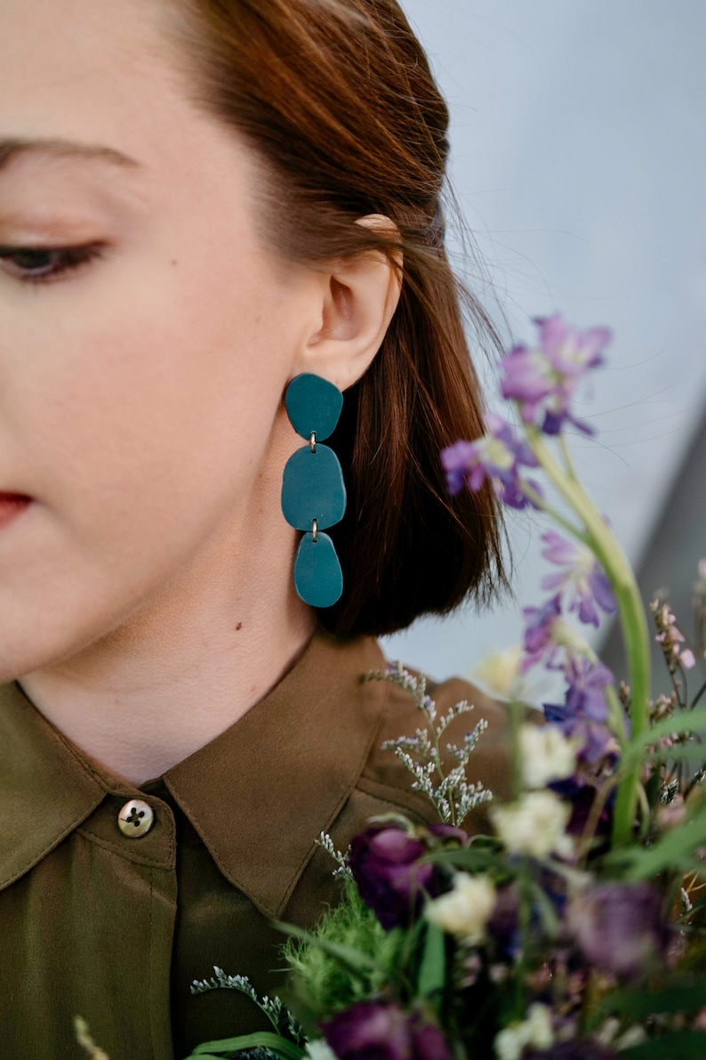 Teal Organic Shape Clay Statement Earrings / Blue Green / | Etsy