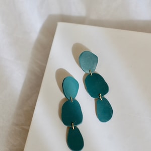 Teal Organic Shape Clay Statement Earrings / Blue Green / Abstract Art Form / Lightweight Dangle image 2