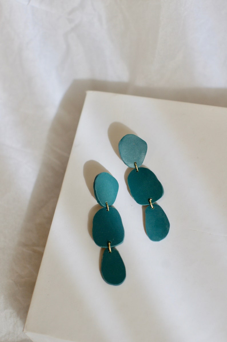 Teal Organic Shape Clay Statement Earrings / Blue Green / Abstract Art Form / Lightweight Dangle image 2