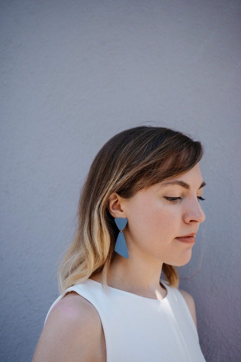Large Blue Geometric Statement Earrings / Polymer Clay / Long Dangle Earrings image 1