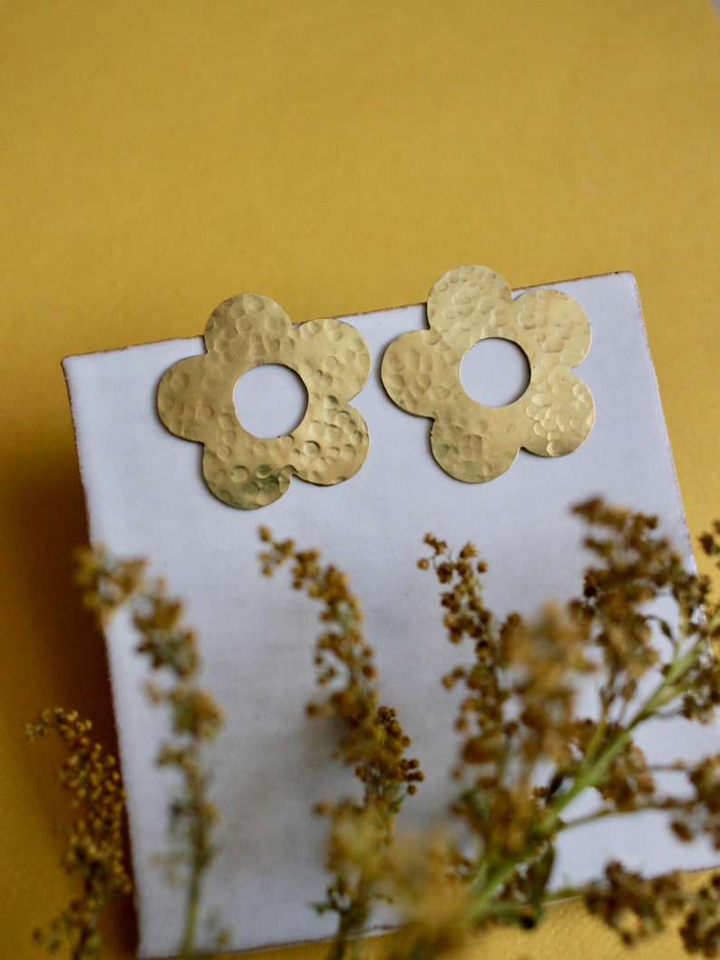Large Brass Flower Statement Earrings / Cute Handmade Jewelry image 2