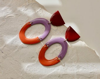 Colorful Modern Art Earrings / Abstract Clay Statement Earrings / Orange Burgundy Lavender