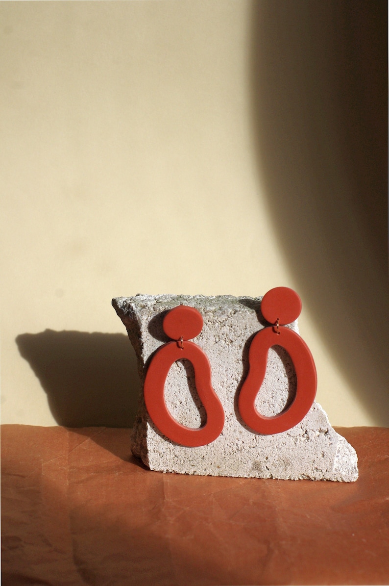 Organic Shape Large Statement Earrings / Abstract Earrings / Polymer Clay / Terracotta Red Brown image 1