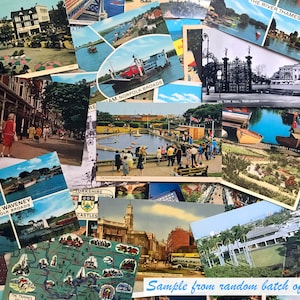 K&ouml;nnte beinhalten: Eine Sammlung von Vintage-Postkarten mit verschiedenen Szenen aus Gro&szlig;britannien, darunter ein Fluss, eine Stadt und ein Schloss. Die Postkarten sind in verschiedenen Farben gehalten und haben einen abgenutzten Vintage-Look.