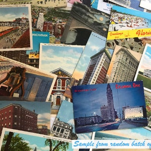 May include: A collection of vintage postcards featuring various locations and scenes. The postcards are in different colors and styles, and some have text on them. The text includes "Greetings from Florida" and "Columbus, Ohio".
