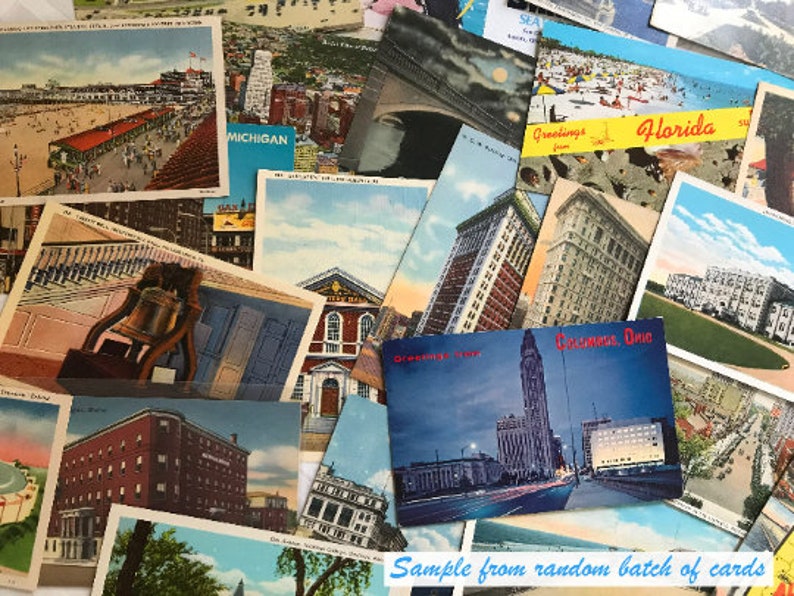 May include: A collection of vintage postcards featuring various locations and scenes. The postcards are in different colors and styles, and some have text on them. The text includes "Greetings from Florida" and "Columbus, Ohio".