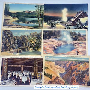 May include: A collection of vintage postcards featuring scenic views of Yellowstone National Park. The postcards depict various landscapes, including a lake, a canyon, and a geyser. The postcards are printed in color and have a vintage aesthetic.