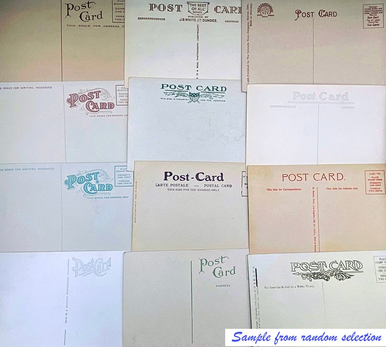May include: A collection of vintage postcards with the word "Post Card" printed on each. The postcards are in various styles and colors, with some featuring decorative borders and illustrations.