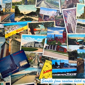 May include: A collection of vintage postcards featuring various locations and scenes. The postcards are arranged in a random order and include images of bridges, buildings, landscapes, and cityscapes. The text on the postcards includes the names of states and cities, such as "Florida" and "Cincinnati, Ohio".