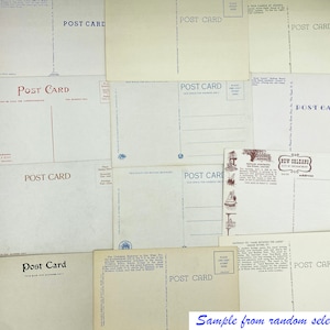 May include: A collection of vintage postcards with the text "Post Card" printed on each. The postcards are in various shades of white and cream with blue and red accents. Some of the postcards have images of buildings and landscapes.