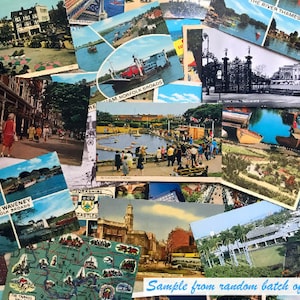 May include: A collection of vintage postcards featuring various locations and scenes, including a river, a bridge, a castle, and a building with a gate. The postcards are in various colors and have a worn, vintage look.