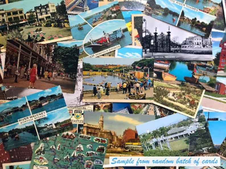 May include: A collection of vintage postcards featuring various locations and scenes, including a river, a bridge, a castle, and a building with a gate. The postcards are in various colors and have a worn, vintage look.