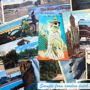 May include: A collection of vintage postcards featuring various scenes, including a building with a clock tower, a bridge over a river, a waterfall, a dog wearing sunglasses and a striped shirt, and a city skyline. The text on one postcard reads "The Sailor's Prayer" and "See You At The Beach". Another postcard reads "Purity Place News Milbank, S. Dak."