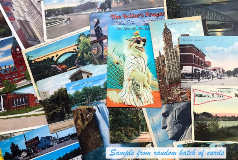 May include: A collection of vintage postcards featuring various scenes, including a building with a clock tower, a bridge over a river, a waterfall, a dog wearing sunglasses and a striped shirt, and a city skyline. The text on one postcard reads "The Sailor's Prayer" and "See You At The Beach". Another postcard reads "Purity Place News Milbank, S. Dak."
