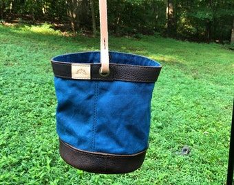 Blue Waxed Canvas and Leather BUCKET BAG Handcrafted Tote Basket Homeschool Handmade