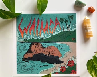 Waimea Bay, art print, digital art, Hawaii art, Oahu, beach art, ocean art, beach home decor, tropical art, north shore, illustration print