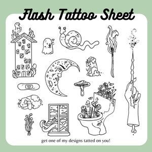 Flash tattoo design, small line work, detailed tattoo designs, hand drawn, whimsical, celestial, floral artwork