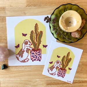 Bunny the Explorer fine art print, illustration, pet portrait, bunny rabbit, house plant, cactus, cacti