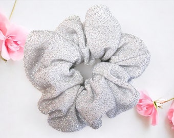 White and Silver Sparkly ChouChous Hair Scrunchie 5 Sizes Silver Sparkles Crunchy