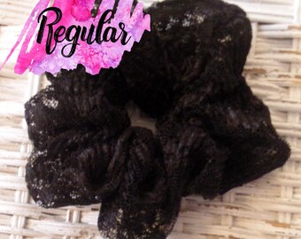 Exude Glamorous Intrigue: Black Floral Lace Hair Scrunchie - 5 Sizes - Sheer Elegance and Style - Handcrafted in the US