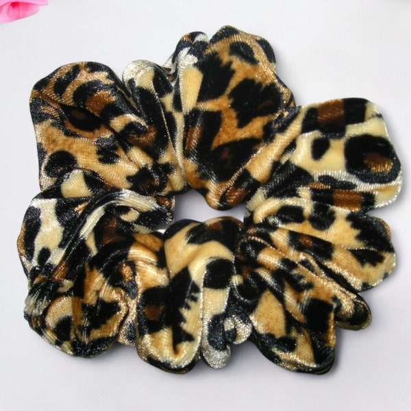 Wildly Chic Leopard Velvet Hair Scrunchie - 6 Sizes - Gold Cream & Black - Animal Print - Fashionable Velvet Scrunchies