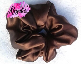 Captivatingly Chic: Brown Silk Satin Hair Scrunchies - 6 Sizes - Handcrafted in the USA for Glamorous Fashionistas