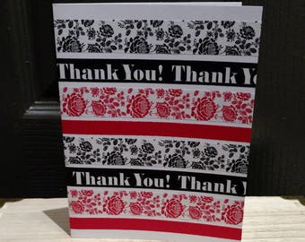 Bold Attention Grabbing Two-Tone Thank You Cards (set of 6). Bold red & black. Washi Tape. Floral Pattern Tape. Standout Notecard Set