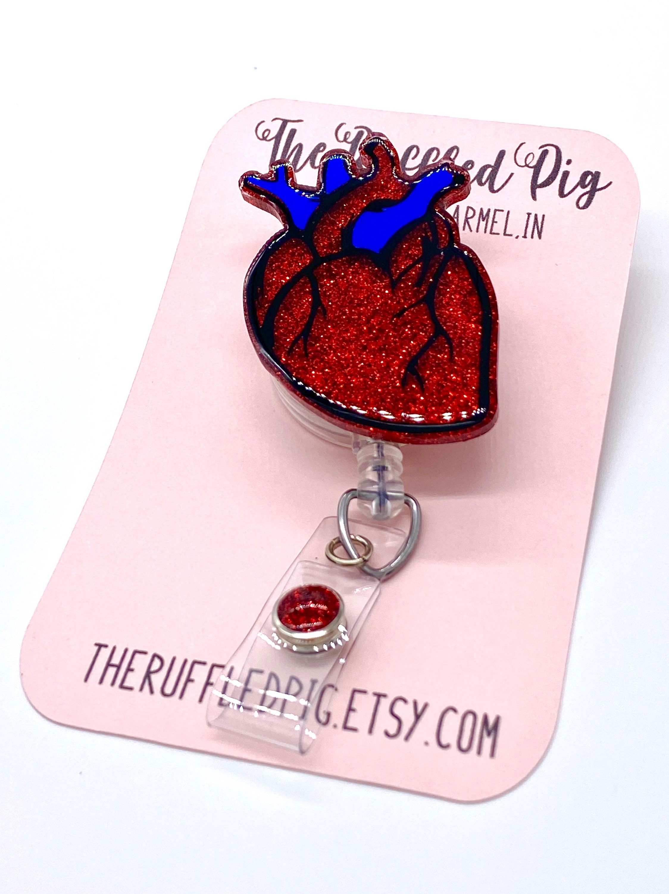 Heart Retractable Badge Reel, Anatomy ID Holder, Red Glitter RN Key Card,  Cardiology Hospital Nurse Gift, Medical Tag, Anatomical 