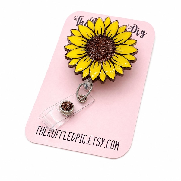 Sunflower Badge Reel - Lanyard - Carabiner - Clip -  glitter badge holder for nurses,  interchangeable badge topper, teacher lanyard