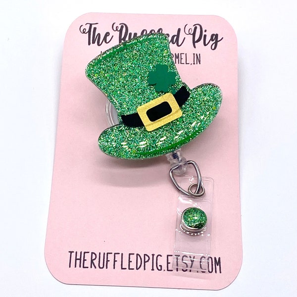 St Patrick’s Hat Retractable Badge Reel, Lucky Holiday ID Holder, March Glitter Holiday RN Key Card, Hospital Nurse Gift, Medical ID Tag