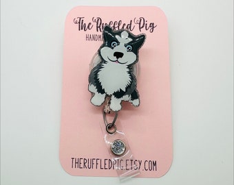 Husky Retractable Badge Reel, Puppy Dog Nurse ID Holder, RN Key Card, Cute Acrylic Tag, Medical Gift, Animal Lover, Vet Life