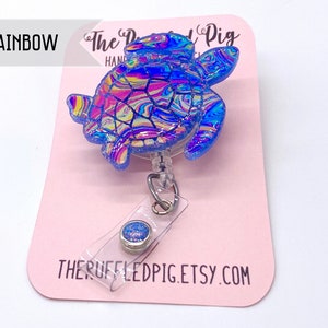 Sea Turtle Retractable Badge Reel, Aloha ID Holder, Beach Girl Glitter RN Key Card, Hospital Nurse Gift, Summer ID Holder, Seaturtle 5. Rainbow