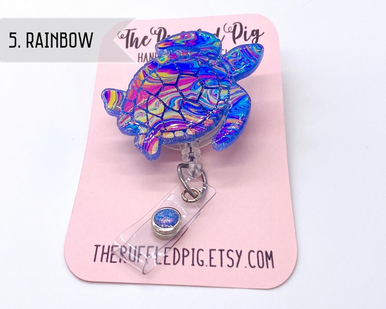 Sea Turtle Retractable Badge Reel, Aloha ID Holder, Beach Girl Glitter RN Key Card, Hospital Nurse Gift, Summer ID Holder, Seaturtle 5. Rainbow