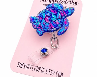 Sea Turtle Badge Reel: Lanyard, clip, carabiner,  interchangeable topper, Aloha ID Holder, Teacher Lanyard, glitter badge, retractable clip