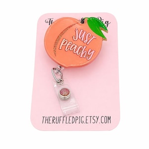 Just Peachy Badge Reel, Lanyard, Georgia badge holder, peach clip, carabiner, retractable, interchangeable topper, cute gift teacher lanyard