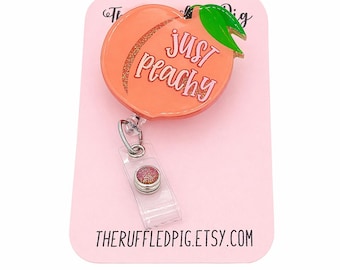 Just Peachy Badge Reel, Lanyard, Georgia badge holder, peach clip, carabiner, retractable, interchangeable topper, cute gift teacher lanyard