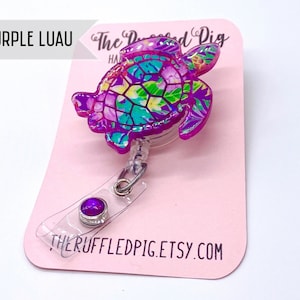 Sea Turtle Retractable Badge Reel, Aloha ID Holder, Beach Girl Glitter RN Key Card, Hospital Nurse Gift, Summer ID Holder, Seaturtle 2. Purple Luau