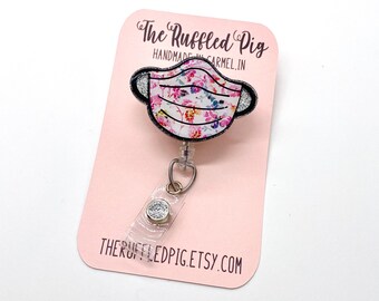 Face Mask Retractable Badge Reel, RN ID Holder, Glitter Nurse Key Card, Floral Pattern, Medical Gift, Covid Pandemic Accessories