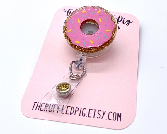 Pink Donut Retractable Badge Reel, RN ID Holder, Glitter Nurse Key