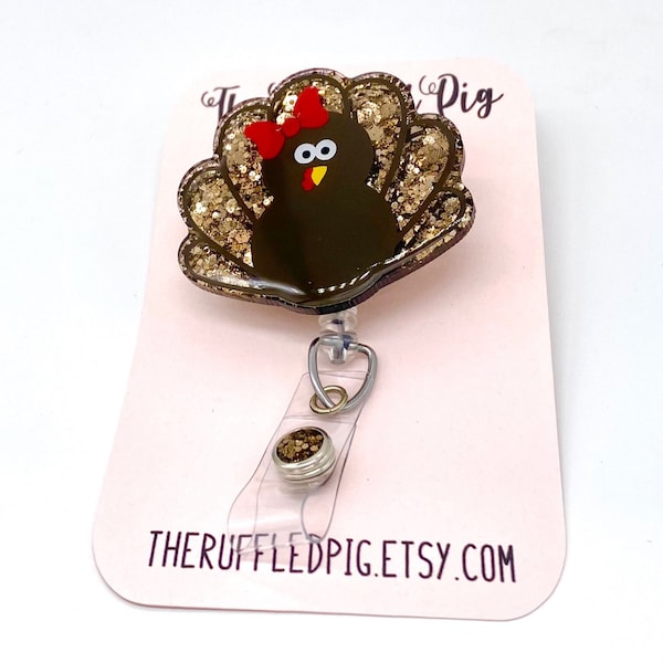 Turkey Badge Reel: Lanyard, Carabiner, Clip, Cute Thanksgiving badge holder clip, teacher lanyard, fall badge clip interchangeable topper