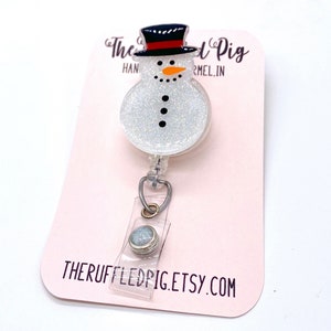 Snowman Retractable Badge Reel, Christmas ID Holder, Winter Glitter RN Key Card, Hospital Nurse Gift, Medical Key Tag, Stocking Stuffer